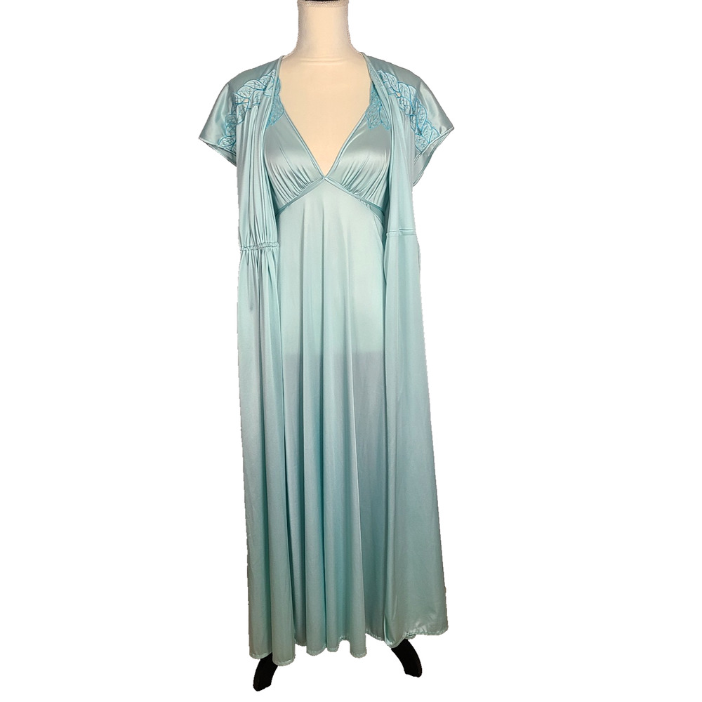 VTG JOLIE TWO Gown Robe Small Floor Length Duster Lingerie Blue V Neck Nylon EUC